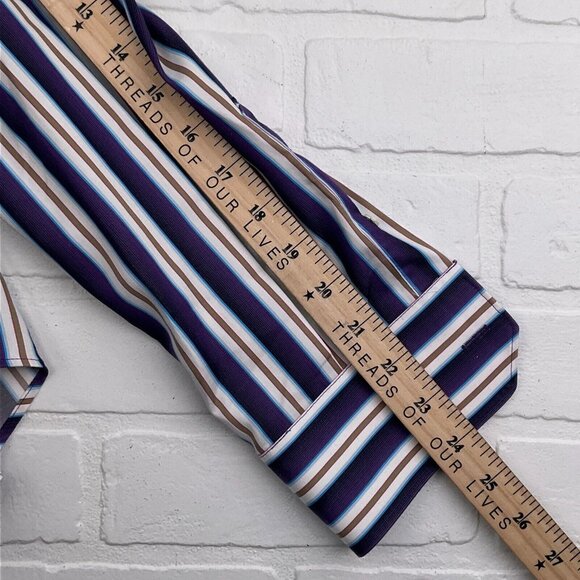 Bugatchi Uomo Shirt Mens Purple Tan Stripe Shaped Fit Cotton Classic Dress Party - Picture 5 of 8